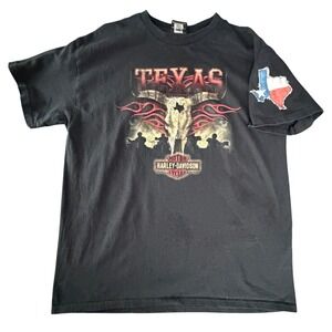 Harley Davidson Texas Skull Flames Tee T Shirt Mens Large Black Mancuso Houston
